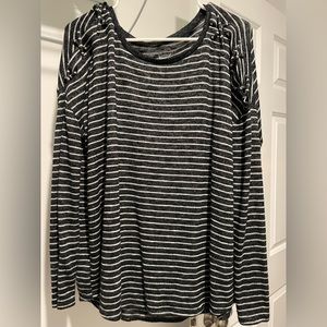 Dark gray and white striped long sleeve with criss-cross tie shoulders. Size XL.